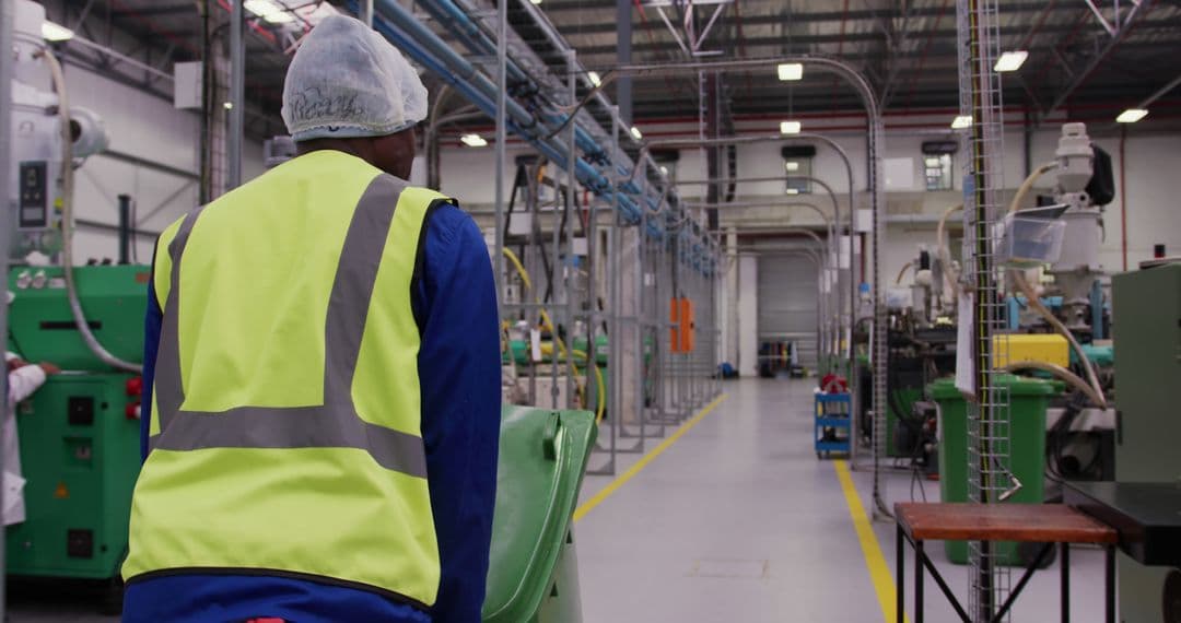 A worker walking through a manufacturing facility