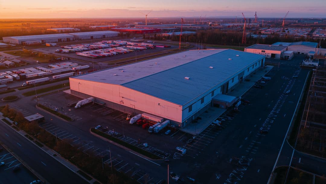 An aerial view of an industrial and logistics park at sunset